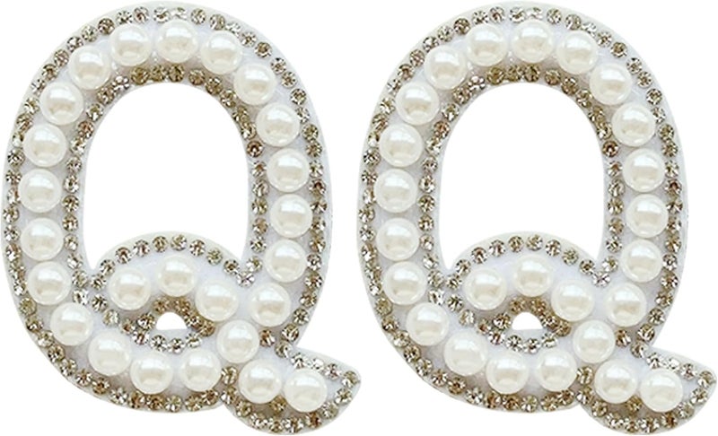 SOYCEV 2PCS White Pearl Iron on Letter Patches Rhinestone Sequin Sparkly Letter Patches for Backpacks Clothing - Image 1
